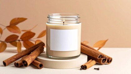 Cinnamon scented candle in glass jar with white label and autumn leaves on beige background