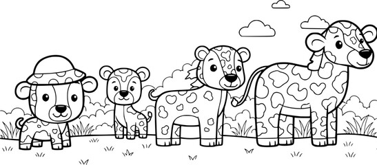 Obraz premium Cute cartoon safari animals in black and white.EPS Vector
