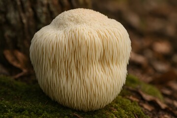 Lion’s Mane Mushroom on Mossy Forest Floor in Morning Light, Macro Close Up of Hericium erinaceus with Cascading White Spines