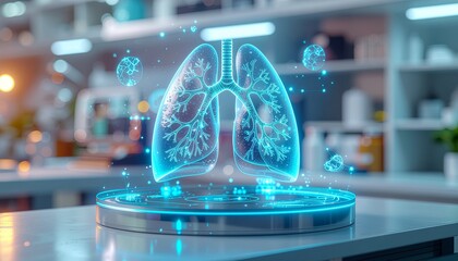 Close-up of Futuristic 3D Holographic Human Lungs Projection