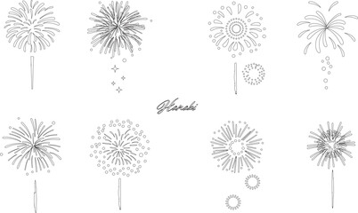 シンプルな打ち上げ花火の線描きベクターイラストセット