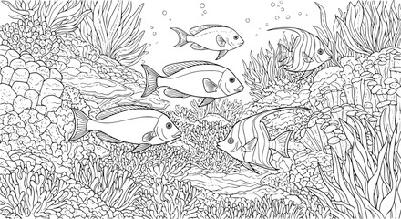 Fish swim near coral reef, with plants in the background, for coloring book, art, EPS Vector.