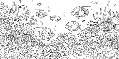 Fish swim near coral reef, with plants in the background, for coloring book, art, EPS Vector.