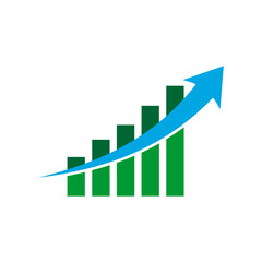 Blue rising arrow with gradually increasing green bar sizes, logo for stock market companies, courses selling, icon of success.   