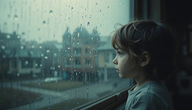 Thoughtful Child Looking Out a Window on a Rainy Day