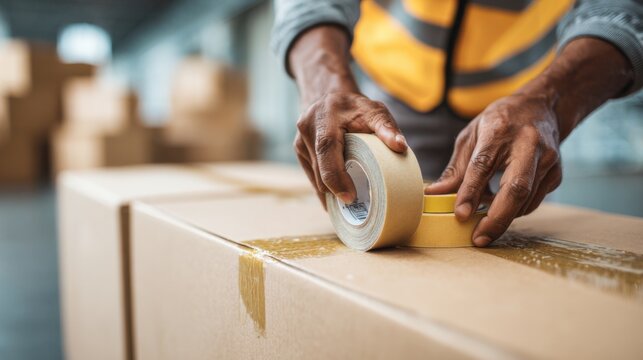 Worker packing boxes with tape in a warehouse setting during the day to prepare for shipment