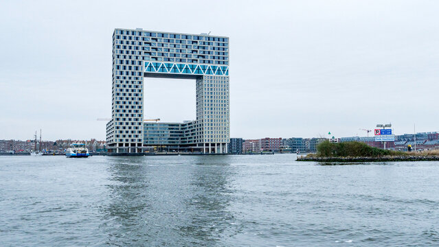 Iconic architecture along river IJ, Amsterdam, Netherlands