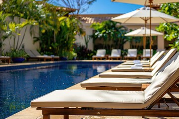 Fototapeta premium Luxurious resort poolside with pristine lounge chairs awaiting guests under sunny umbrellas