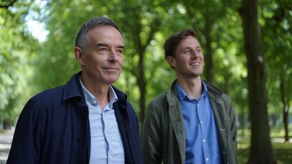 Stock photo of father and son walking in park enjoying nature and family time together