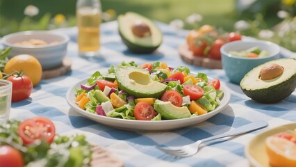 Fresh Avocado Salad with Vegetables Served on a Picnic Table Outdoors
