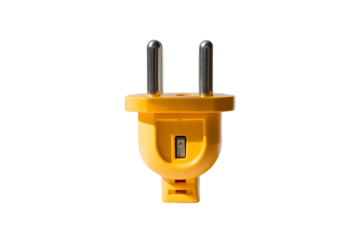 Close up of a Yellow European Electrical Plug a Type C Plug with Two Round Pins on transparent background The transparent background makes it