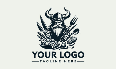 Fototapeta premium Viking warrior logo design, holding culinary tools and food, for a restaurant or food-related business.