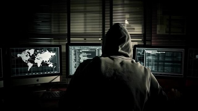 Hooded Hacker Typing at Night Surrounded by Monitors with Code and Global Maps. Video.