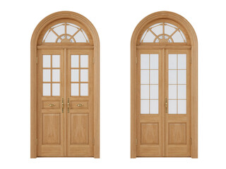 Elegant entryway featuring arched wooden doors with decorative glass panels over an isolated scene