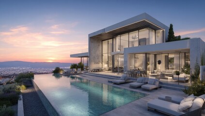 Fototapeta premium Luxurious modern villa with infinity pool overlooks a scenic cityscape at sunset, offering a tranquil and sophisticated lifestyle.