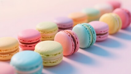 Assorted Pastel-Colored Macarons Arranged in a Row