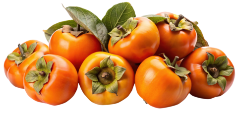A vibrant pile of fresh persimmons with leaves against a white background