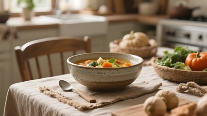 Homemade vegetable soup served in a rustic kitchen setting with fresh produce and pumpkins