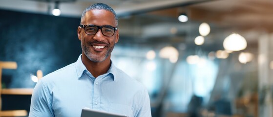 The confident businessman smiling while holding a tablet in a modern office setting.