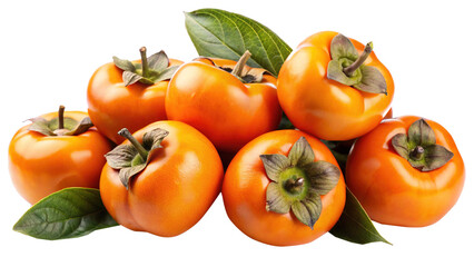 Fototapeta premium A vibrant group of persimmon fruits with fresh green leaves