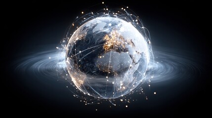 Naklejka premium Glowing Earth with Connected Lines in Dark Space Background