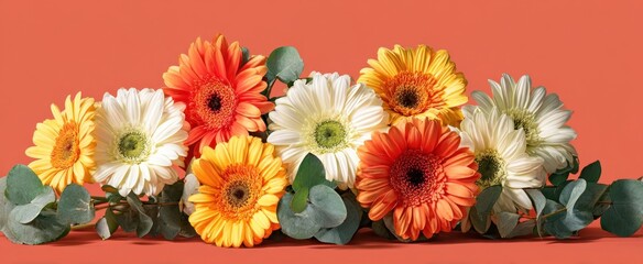 The vibrant bouquet of colorful gerbera daisies against a bright background.