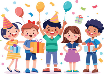 Fototapeta premium Diverse group of happy children celebrating with gifts and balloons kids party