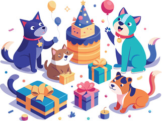 Naklejka premium Four cartoon dogs celebrating a birthday party with cake and gifts puppy