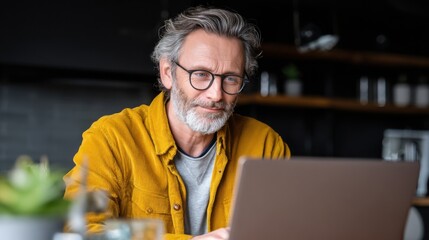 Thoughtful senior man working on laptop in modern cafe environment