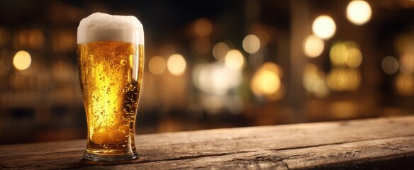 The refreshing glass of golden beer with frothy foam on a wooden surface
