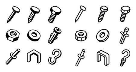 Obraz premium Isometric Fastener Icons Grid