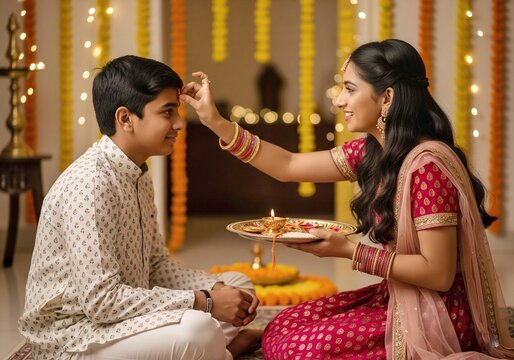 Sister applies tilak to her brother on Raksha Bandhan Indian festival 