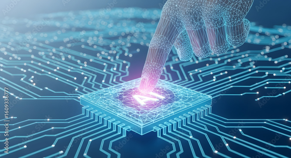 Poster ai and tech: an innovative depiction of a fingertip activating an ai processor, highlighting technol