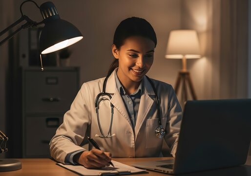 Dedicated female doctor working late at her desk with a laptop and stethoscope illuminated by desk lamps