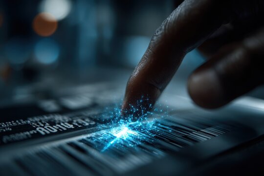 Finger touching a barcode with blue glowing digital effect