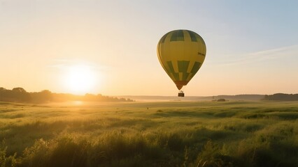 Obraz premium A vibrant yellow hot air balloon floats gracefully over a serene grassy field at sunrise.