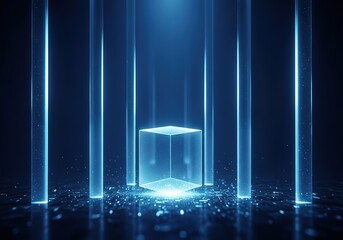 Futuristic holographic display projecting a glowing geometric shape amidst vertical blue light beams