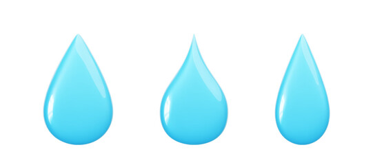 Set of glossy bubble 3d water drop icons in realistic style. Blue plastic drops isolated on white background. Rounded droplet shapes for weather forecast. Trendy cute elements. Vector illustration