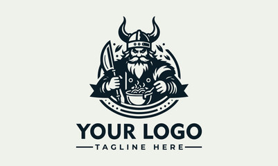 A stoic Viking warrior holding a sword and bowl, depicted in a logo design.