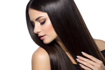 A woman with long, dark, and exceptionally shiny hair. She is seen in profile, looking downwards, with a gentle hand resting on her shoulder. Her makeup is subtle, emphasizing her eyelashes and lip.