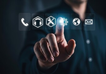 Person s finger interacting with a futuristic holographic display of digital service icons