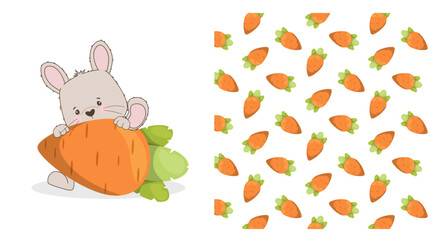 Adorable cartoon rabbit joyfully hugs a large carrot with a seamless carrot pattern in the background. Perfect for children s designs, greeting cards, and playful themes.