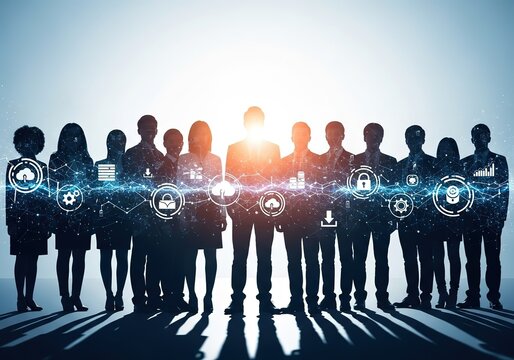 Diverse group of people silhouetted against bright light connected by digital network of icons symbolizing technology and community