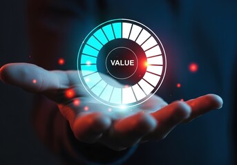 Hand holding a glowing circular progress bar displaying the word value with futuristic digital elements