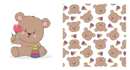 Adorable cartoon bear holding a flower and colorful toy stack against a seamless pattern background. Sweet smiling expression adds charm to this delightful vector illustration.