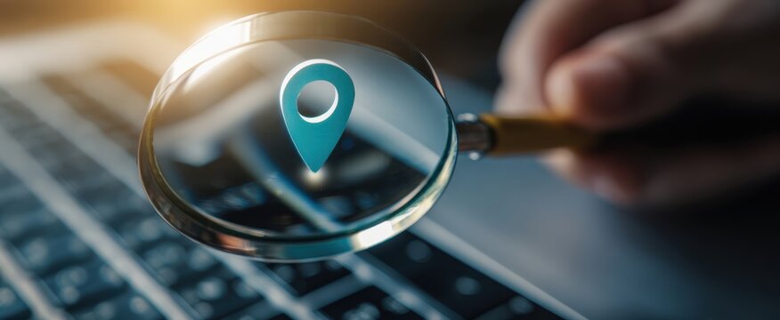 The magnifying glass revealing a digital location symbol on a laptop.