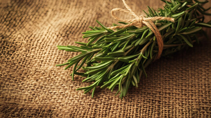 Fresh rosemary sprigs tied with twine on a burlap background.