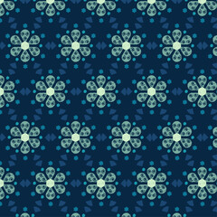 Seamless Floral Pattern with Decorative Swirl Motifs on Deep Blue Background