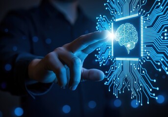Human finger activating a glowing digital brain on a futuristic circuit board interface
