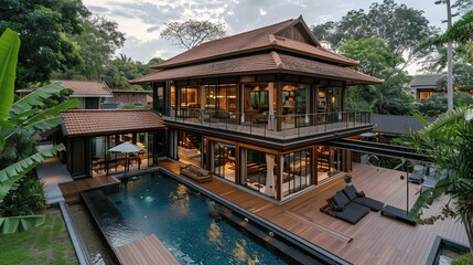 Obraz premium Luxurious Modern House with Pool Surrounded by Lush Greenery